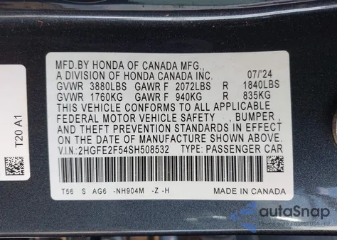 2025 Honda Civic Sport from USA, damaged, VIN 2HGFE2F54SH508532